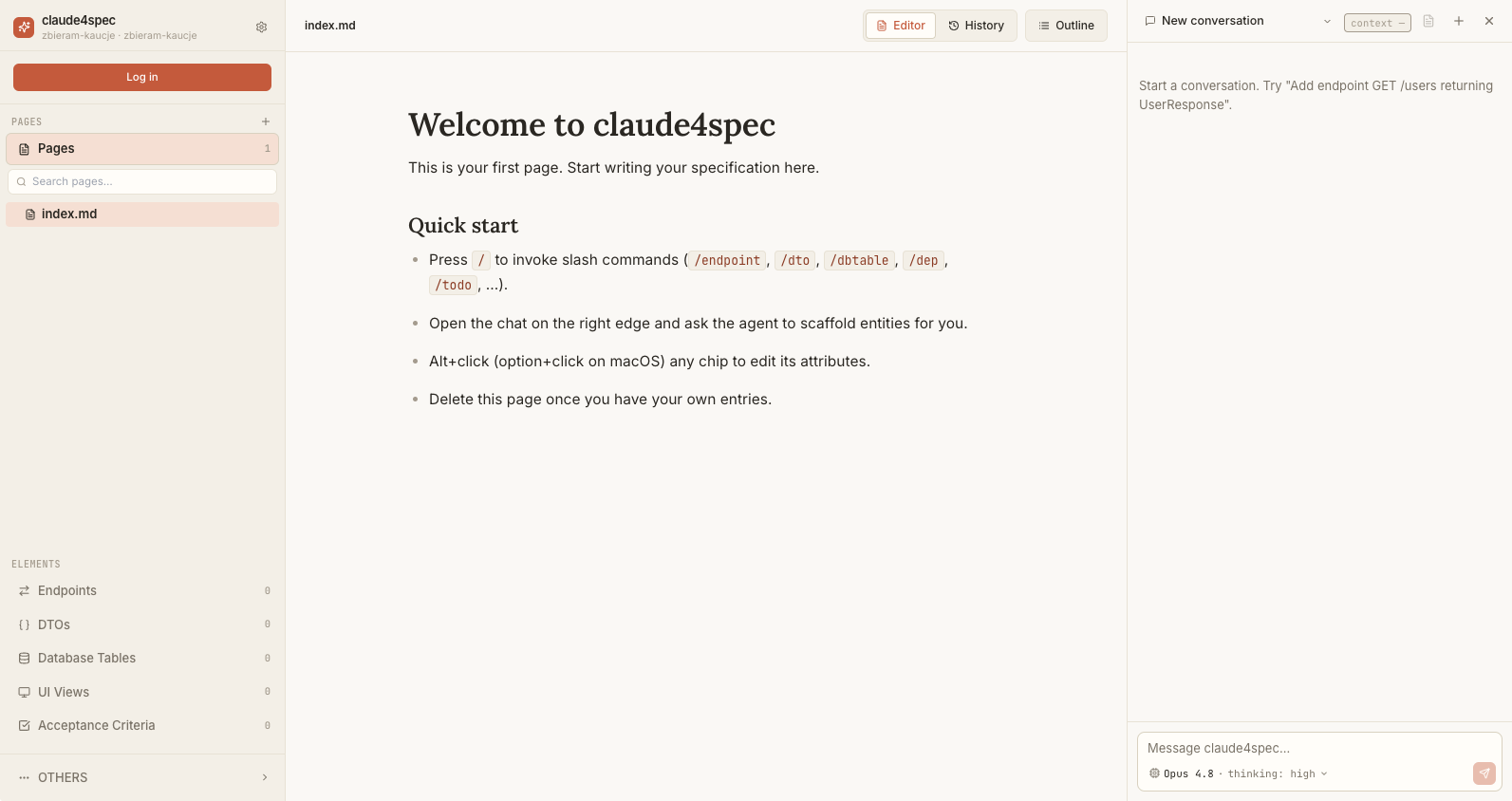 The claude4spec editor: a page on the left, structured entities — endpoints,
DTOs, database tables, UI views, acceptance criteria — in the sidebar, and an
agent chat on the right.